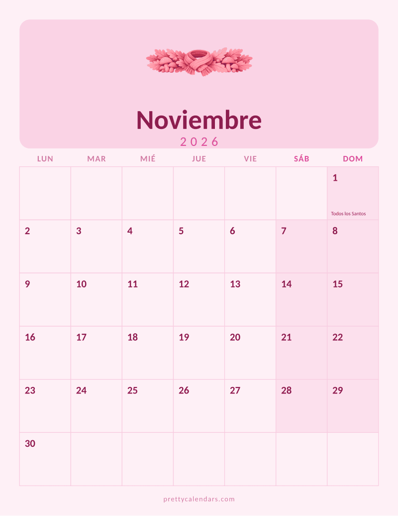 Calendario de Noviembre 2026 para imprimir, estilo Rosa