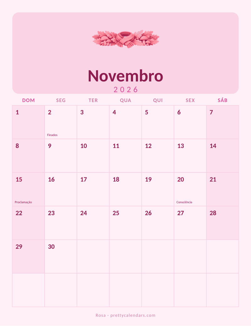 Calendário de Novembro de 2026 para imprimir, estilo Rosa
