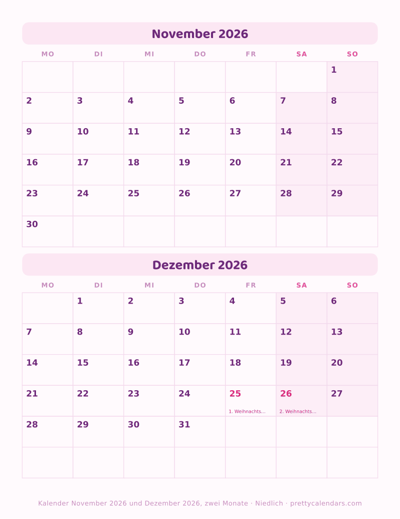 Druckbarer Kalender mit November 2026 und Dezember 2026 auf einer Seite, Design Niedlich