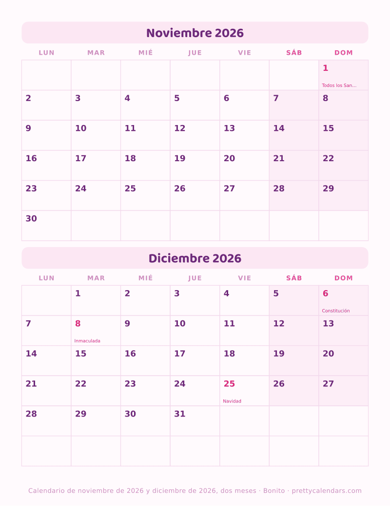 Calendario para imprimir con Noviembre 2026 y Diciembre 2026 fechados en la misma hoja, estilo Bonito
