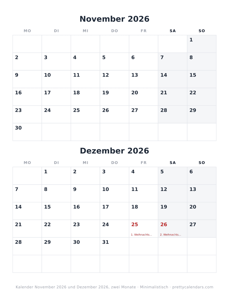 Druckbarer Kalender mit November 2026 und Dezember 2026 auf einer Seite, Design Minimalistisch