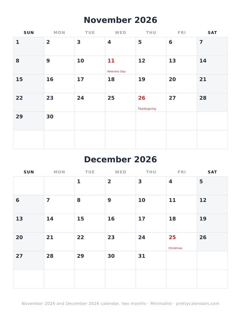 Printable calendar with November 2026 and December 2026 dated on the same page, Minimalist style