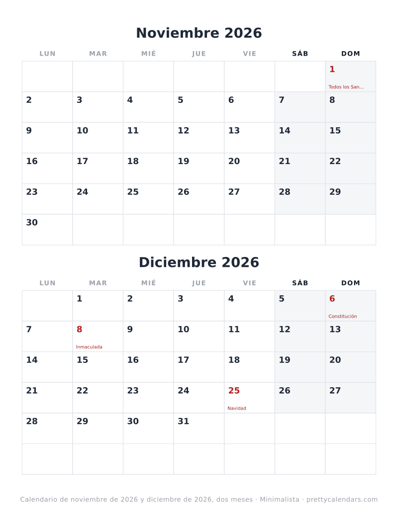 Calendario para imprimir con Noviembre 2026 y Diciembre 2026 fechados en la misma hoja, estilo Minimalista