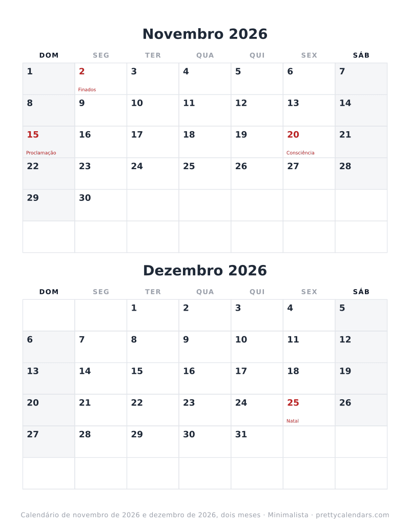 Calendário de Novembro de 2026 e Dezembro de 2026 na mesma página, estilo Minimalista