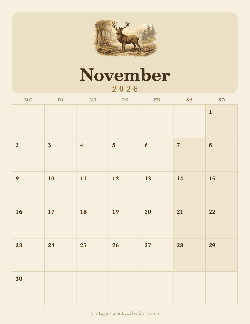 Druckbarer Kalender November 2026, Design Vintage