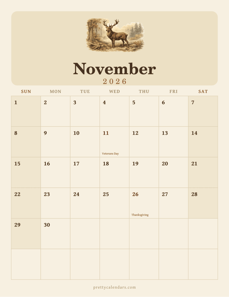 November 2026 printable calendar, Vintage style