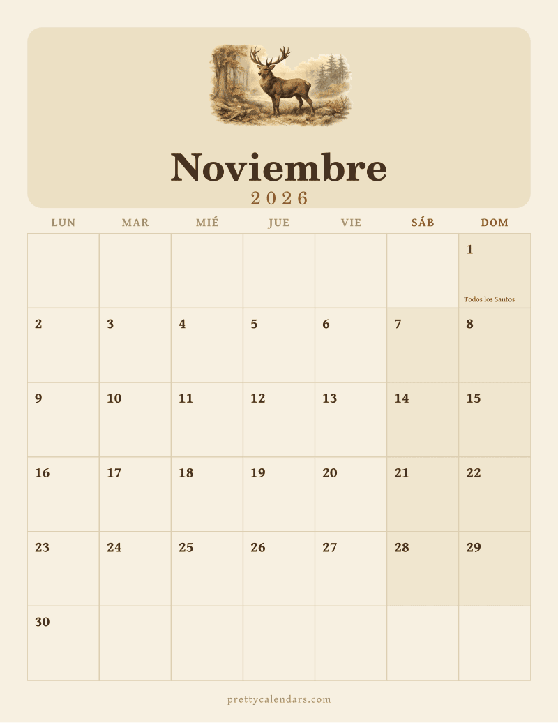 Calendario de Noviembre 2026 para imprimir, estilo Vintage