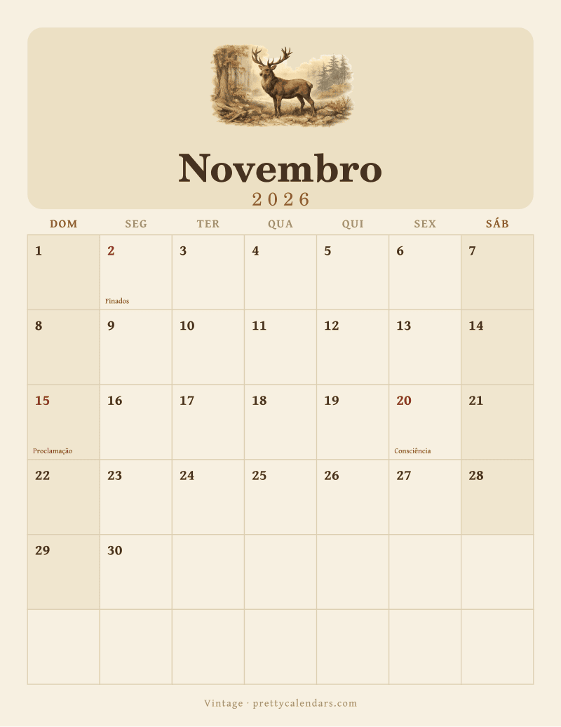 Calendário de Novembro de 2026 para imprimir, estilo Vintage