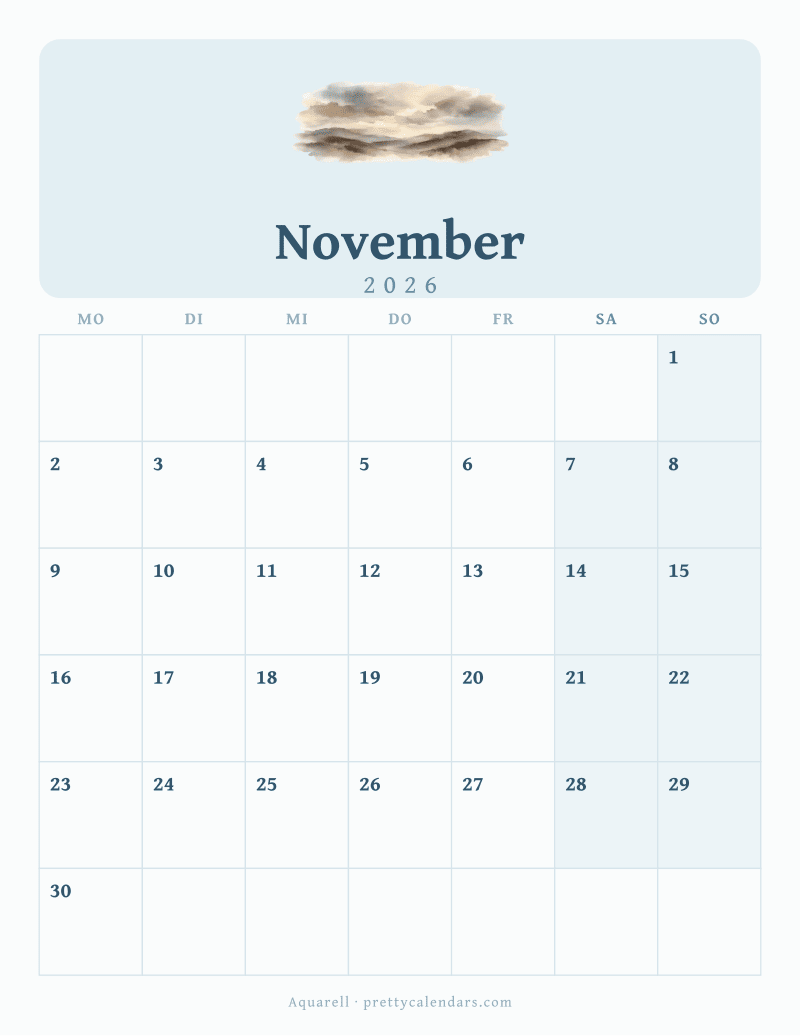 Druckbarer Kalender November 2026, Design Aquarell