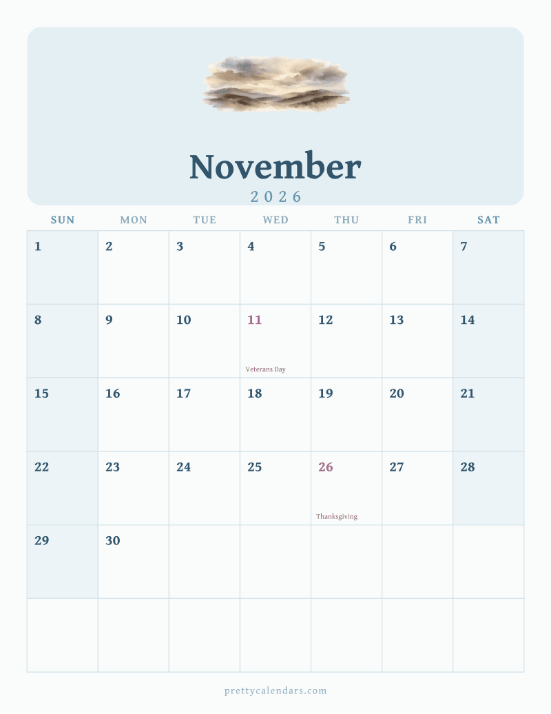 November 2026 printable calendar, Watercolor style