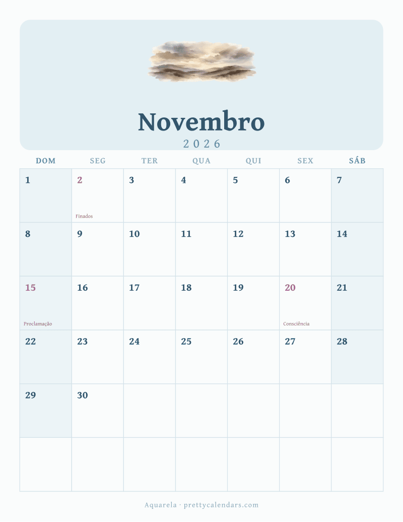 Calendário de Novembro de 2026 para imprimir, estilo Aquarela