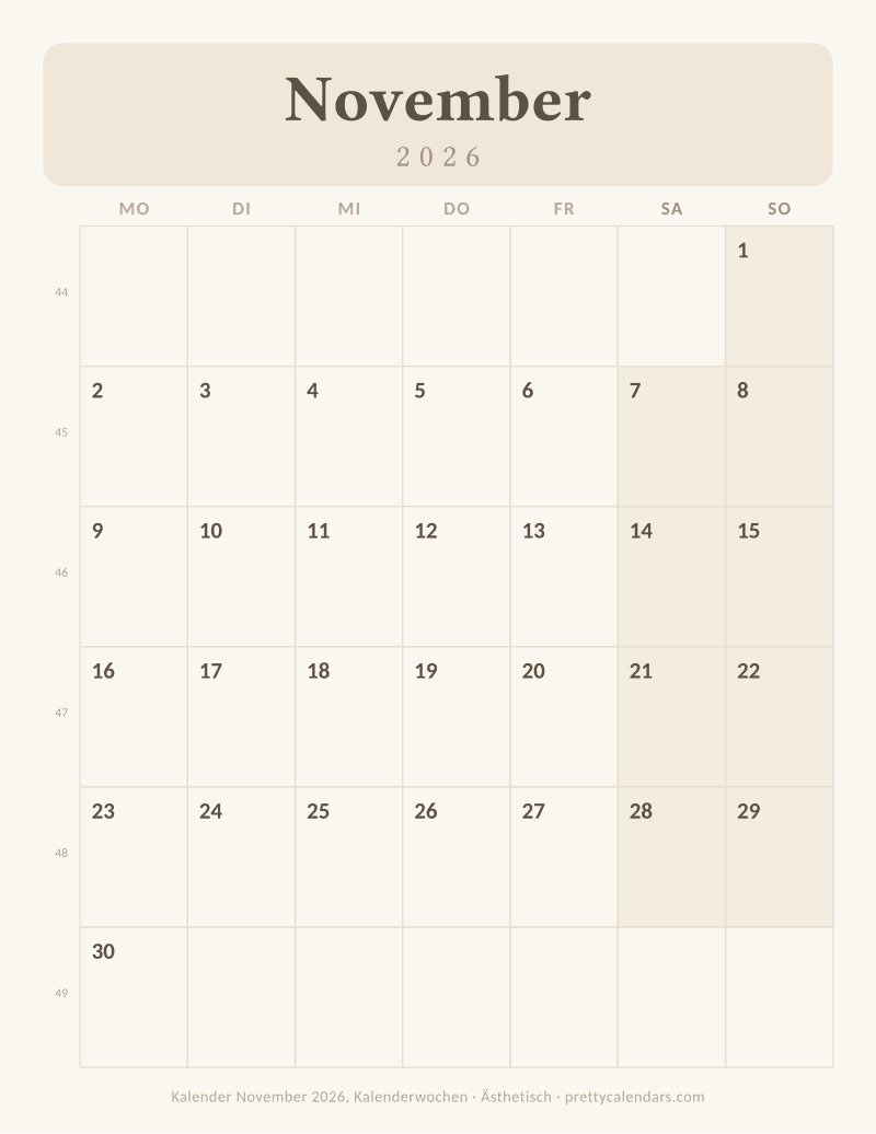 Druckbarer Kalender November 2026 mit Kalenderwochen, Design Ästhetisch