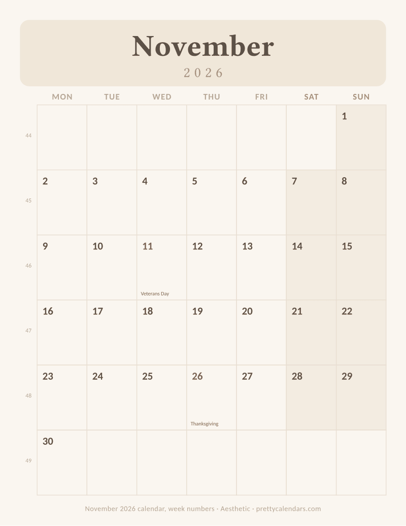 Printable November 2026 calendar with ISO week numbers and a Monday start, Aesthetic style