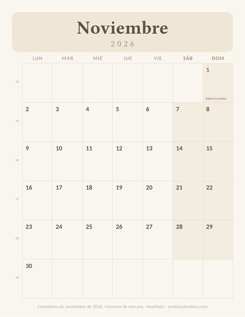 Calendario imprimible de Noviembre 2026 con números de semana e inicio en lunes, estilo Aesthetic