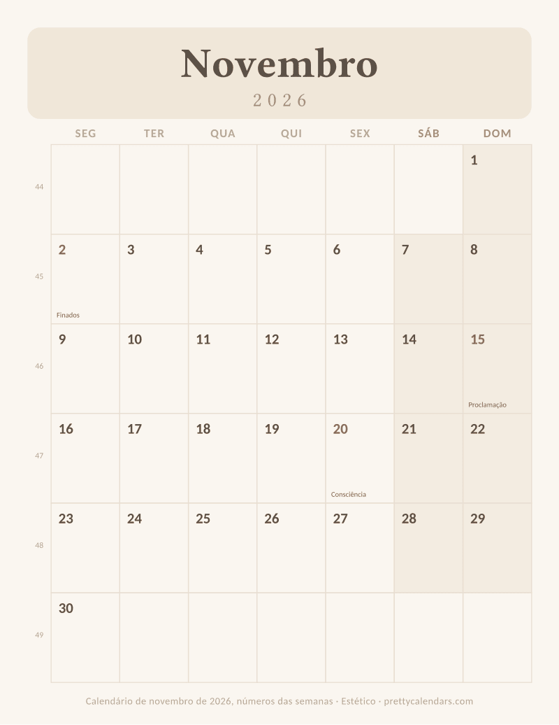 Calendário de Novembro de 2026 para imprimir com números das semanas, estilo Estético
