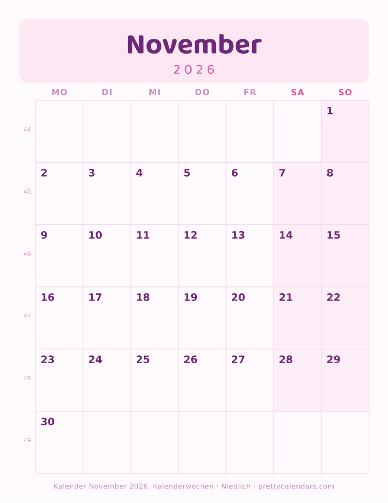 Druckbarer Kalender November 2026 mit Kalenderwochen, Design Niedlich