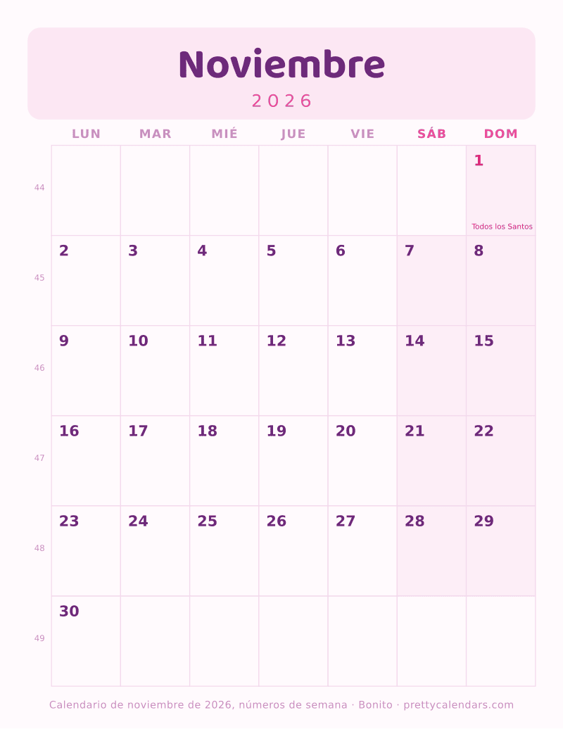 Calendario imprimible de Noviembre 2026 con números de semana e inicio en lunes, estilo Bonito