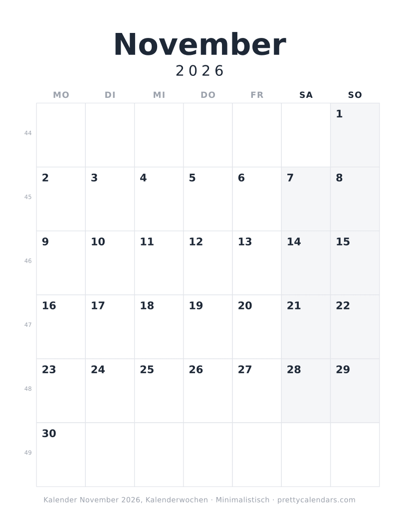 Druckbarer Kalender November 2026 mit Kalenderwochen, Design Minimalistisch