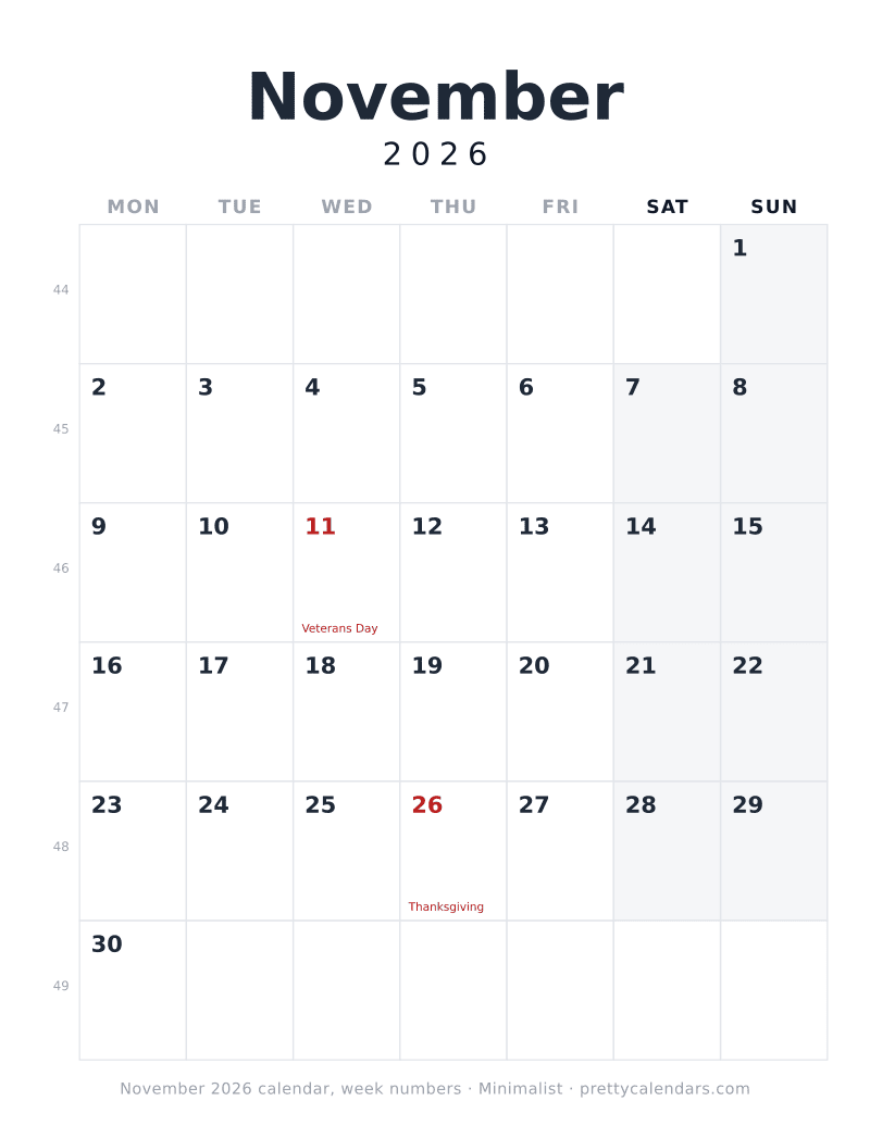 Printable November 2026 calendar with ISO week numbers and a Monday start, Minimalist style