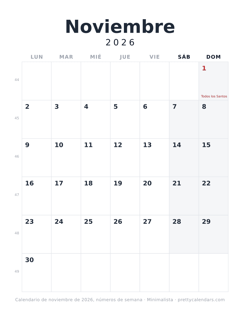 Calendario imprimible de Noviembre 2026 con números de semana e inicio en lunes, estilo Minimalista