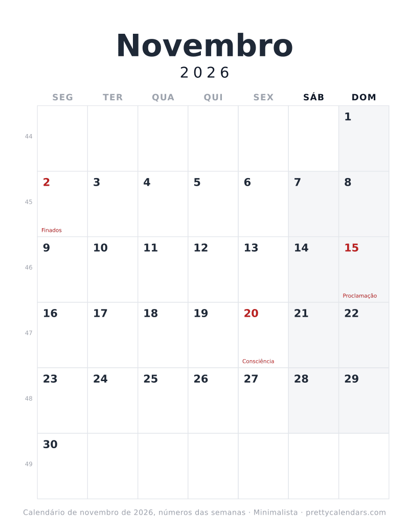 Calendário de Novembro de 2026 para imprimir com números das semanas, estilo Minimalista