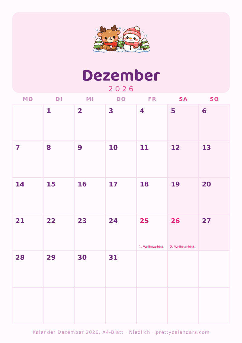 Druckbarer Kalender Dezember 2026 mit echtem A4-Format, Design Niedlich