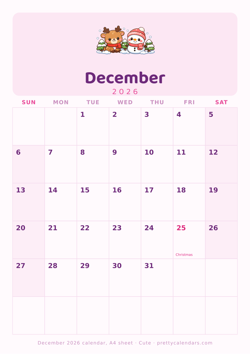 Printable December 2026 calendar sized for A4 paper, Cute style