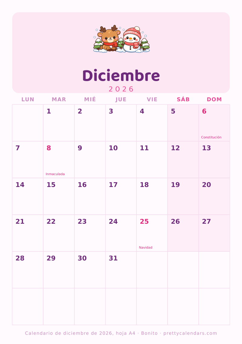 Calendario de Diciembre 2026 para imprimir con las medidas de un A4, estilo Bonito