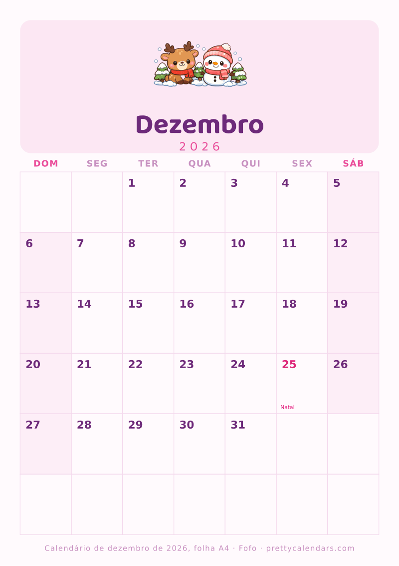 Calendário de Dezembro de 2026 para imprimir com tamanho A4 real, estilo Fofo