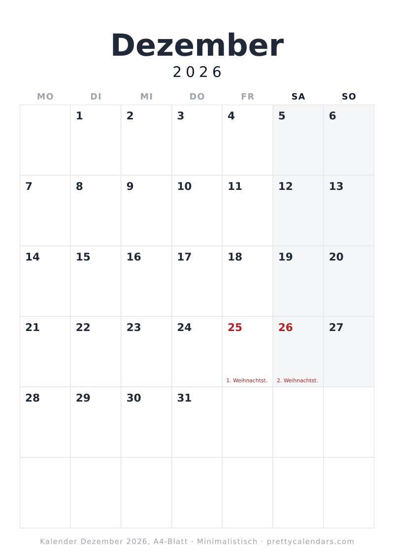 Druckbarer Kalender Dezember 2026 mit echtem A4-Format, Design Minimalistisch