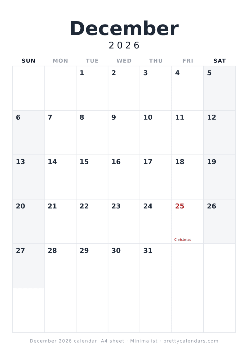Printable December 2026 calendar sized for A4 paper, Minimalist style