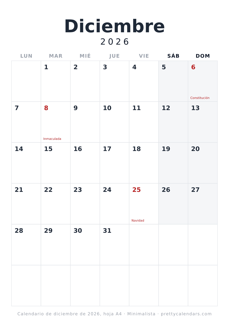Calendario de Diciembre 2026 para imprimir con las medidas de un A4, estilo Minimalista