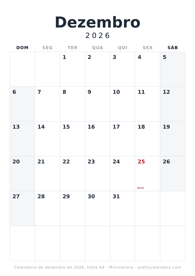 Calendário de Dezembro de 2026 para imprimir com tamanho A4 real, estilo Minimalista