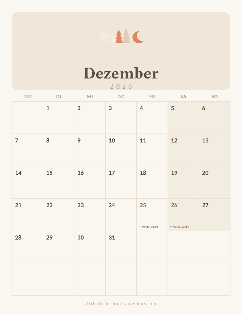 Druckbarer Kalender Dezember 2026, Design Ästhetisch