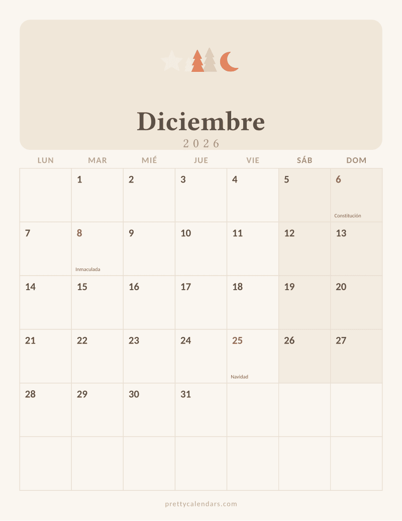 Calendario de Diciembre 2026 para imprimir, estilo Aesthetic