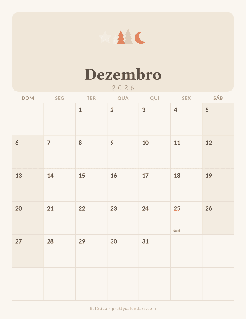 Calendário de Dezembro de 2026 para imprimir, estilo Estético
