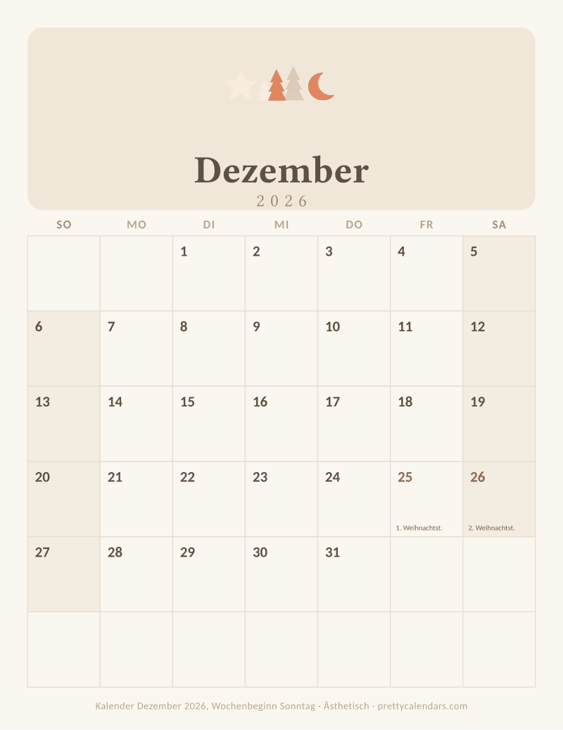 Druckbarer Kalender Dezember 2026 mit alternativem Wochenbeginn, Design Ästhetisch