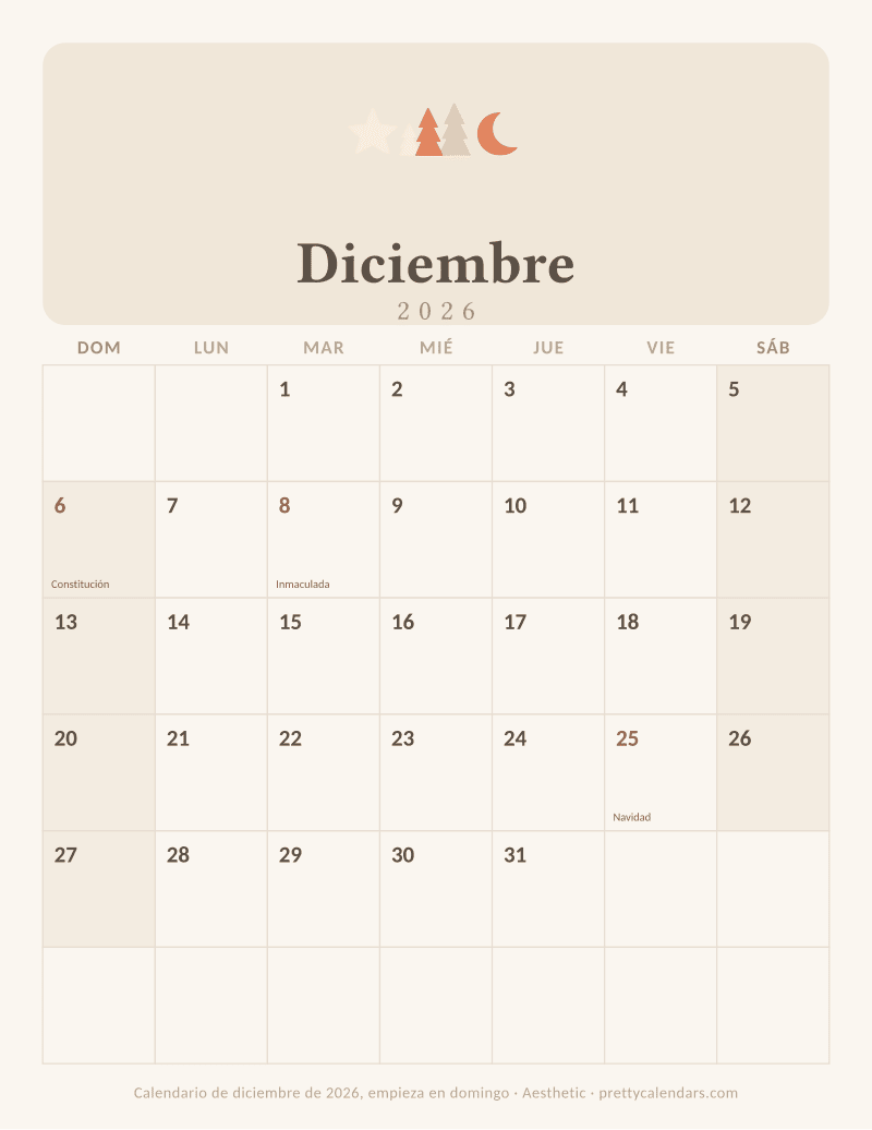 Calendario de Diciembre 2026 para imprimir con la semana empezando en domingo, estilo Aesthetic