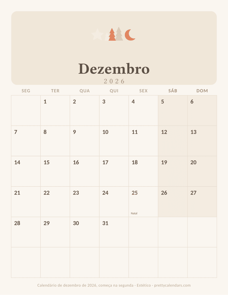 Calendário de Dezembro de 2026 para imprimir com outro início da semana, estilo Estético