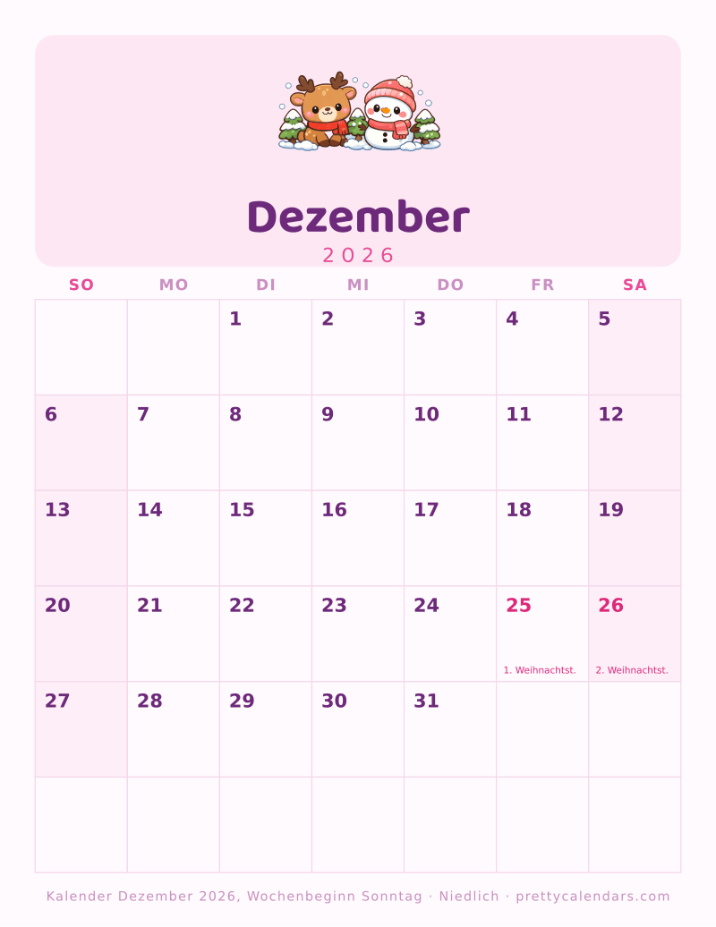 Druckbarer Kalender Dezember 2026 mit alternativem Wochenbeginn, Design Niedlich