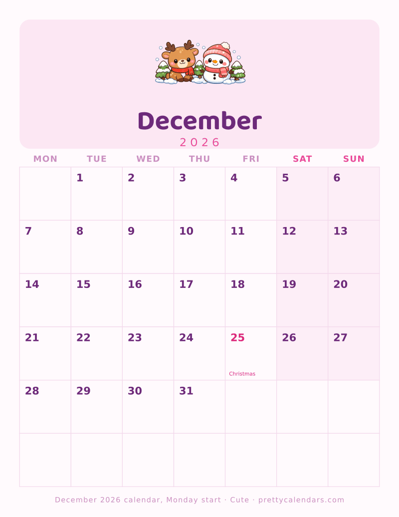 Printable December 2026 calendar with the week starting on Monday, Cute style