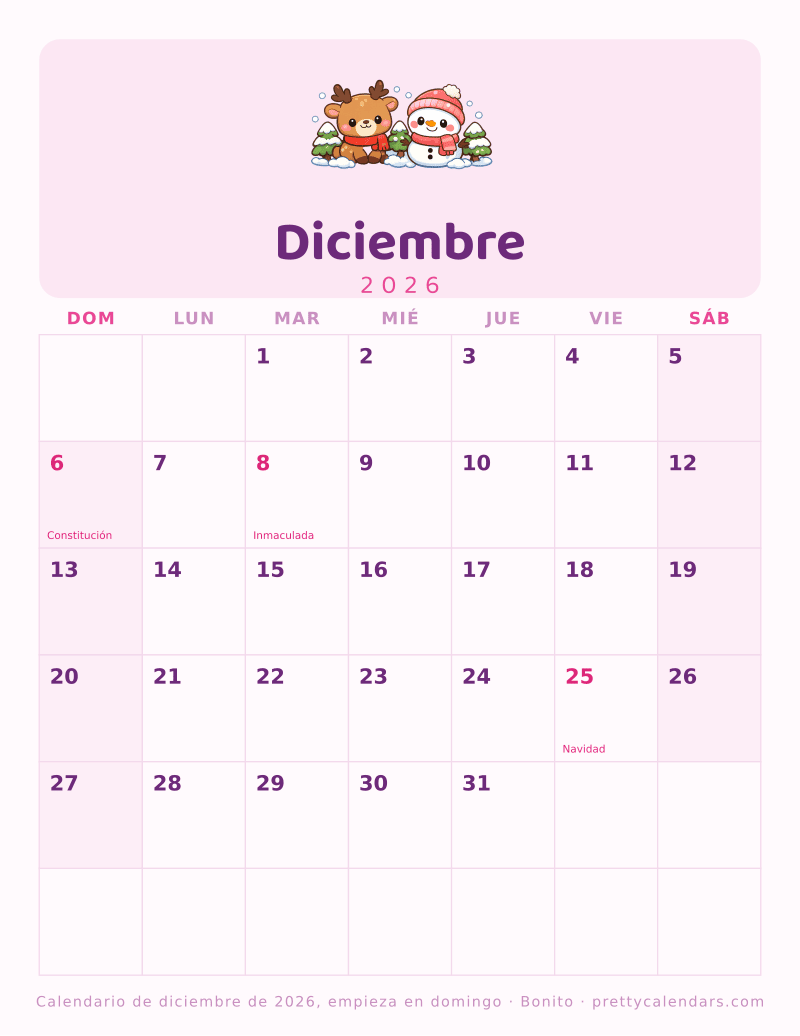 Calendario de Diciembre 2026 para imprimir con la semana empezando en domingo, estilo Bonito