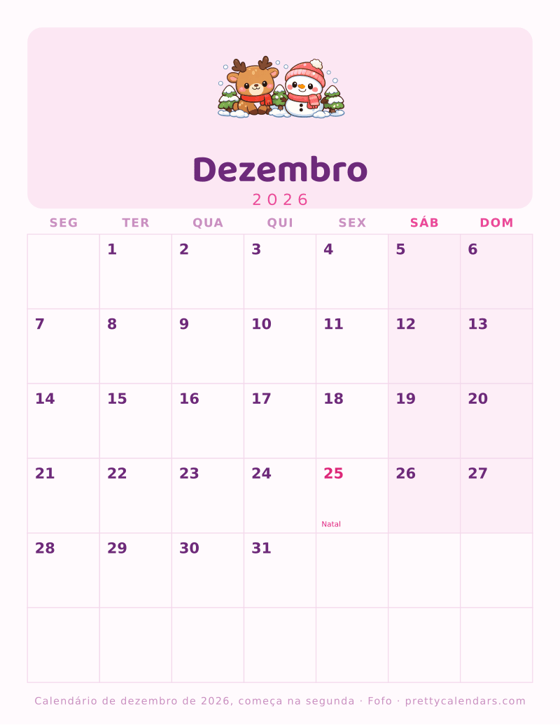 Calendário de Dezembro de 2026 para imprimir com outro início da semana, estilo Fofo