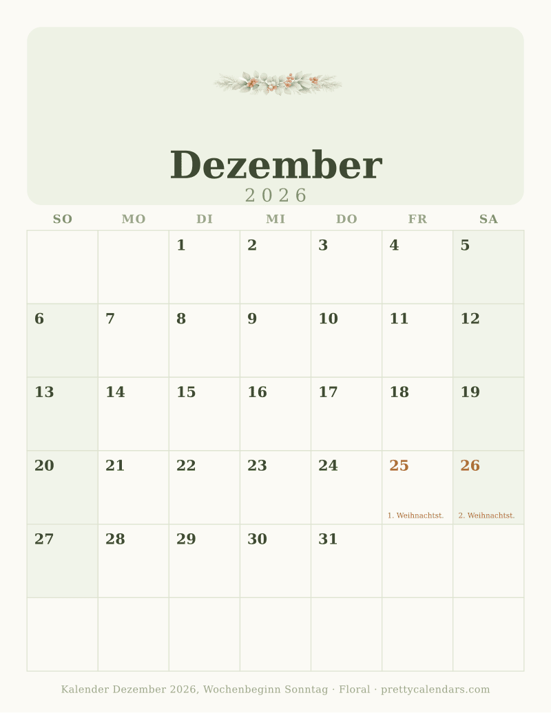 Druckbarer Kalender Dezember 2026 mit alternativem Wochenbeginn, Design Floral