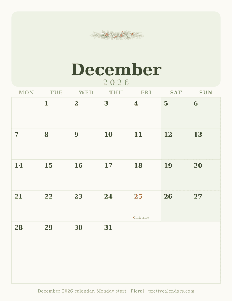 Printable December 2026 calendar with the week starting on Monday, Floral style