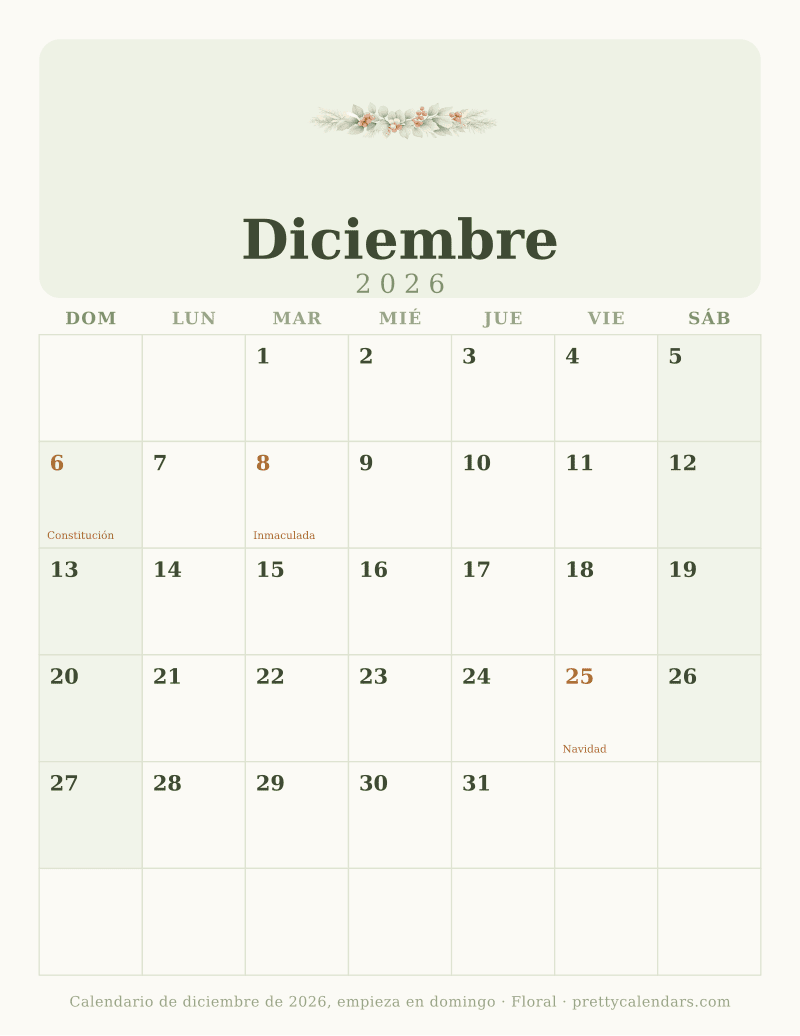 Calendario de Diciembre 2026 para imprimir con la semana empezando en domingo, estilo Floral