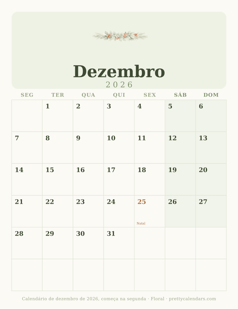 Calendário de Dezembro de 2026 para imprimir com outro início da semana, estilo Floral
