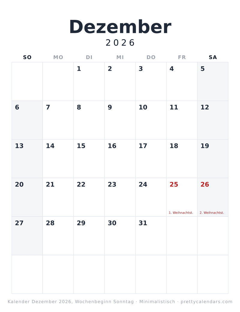Druckbarer Kalender Dezember 2026 mit alternativem Wochenbeginn, Design Minimalistisch