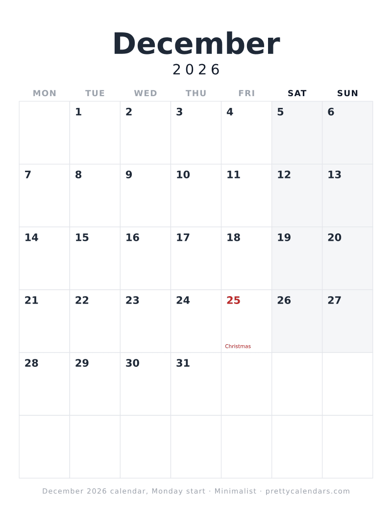 Printable December 2026 calendar with the week starting on Monday, Minimalist style