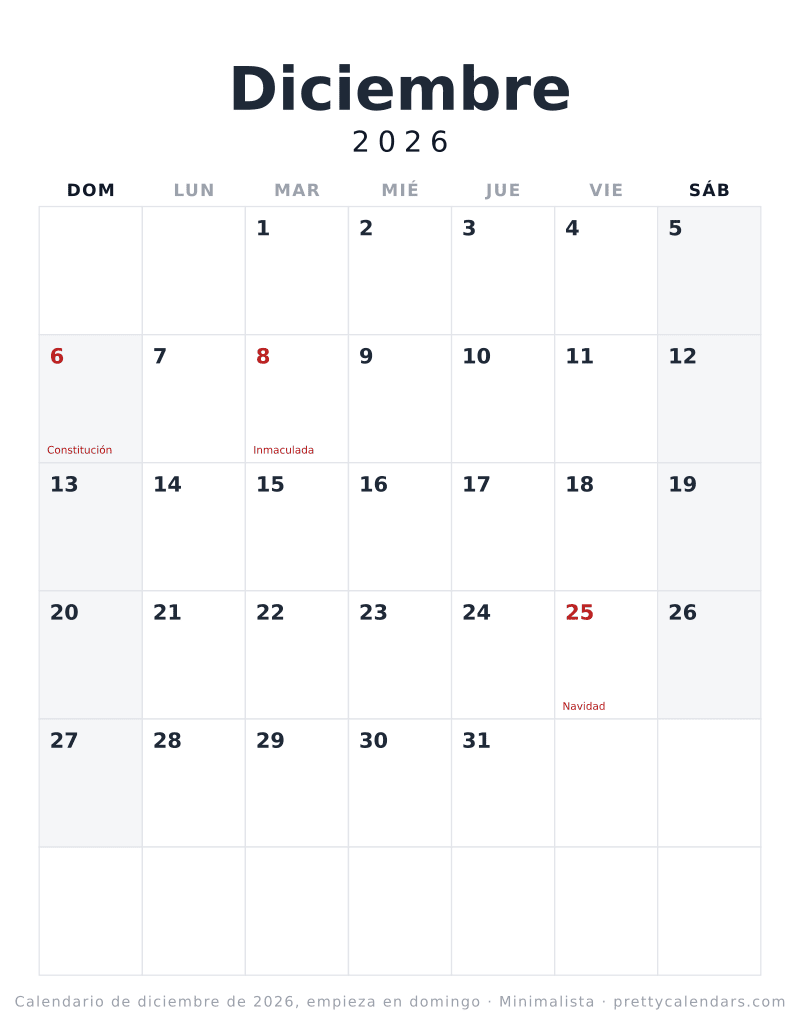 Calendario de Diciembre 2026 para imprimir con la semana empezando en domingo, estilo Minimalista